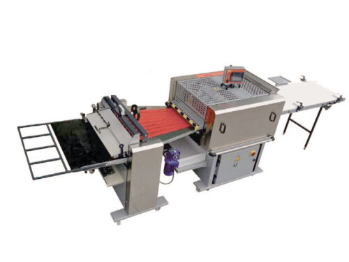 An industrial flatbed screen printing machine with a conveyor belt, equipped with a Ciabattera Roll 800 Plus - Automatic Ciabatta Machine control panel and various mechanical parts, isolated on a white background.