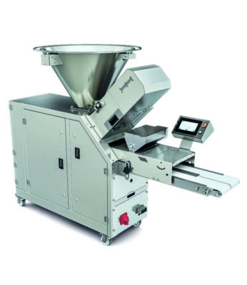 Modern industrial food processing equipment with a large stainless steel hopper and an integrated digital control panel, set on a white background, includes a Stress-Free Dough Divider for Fermented dough.