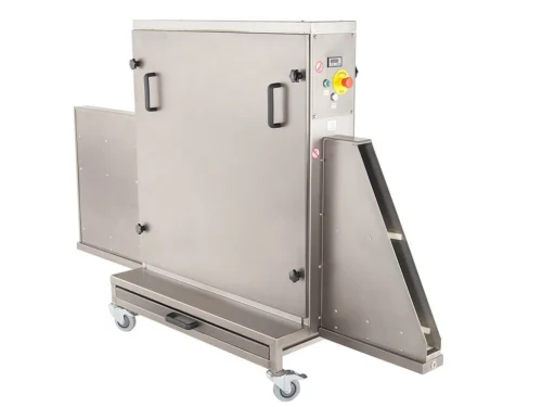 A large stainless steel Efficiency Tray Cleaning Machine on wheels, featuring a control panel with buttons and a funnel-shaped attachment on its side.