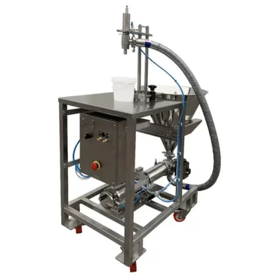 Industrial filling machine with a hopper and adjustable nozzle mounted on a stainless steel frame with caster wheels for mobility, ideal for bakery equipment.