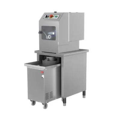 Commercial dough sheeter and roller machine with heavy-duty stainless steel construction on casters, featuring a protective safety guard. Perfect as bakery equipment for efficient baking processes.